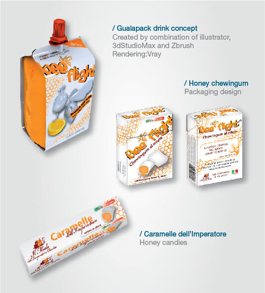 BeeFlight packaging per caramelle e gomme al miele, bevanda al miele