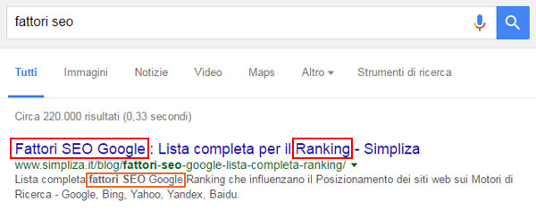 Come si scrive il tag title? Cosa inserisco nella descrizione meta? Screenshot della prima posizione sulla serp di Google per la voce fattori SEO